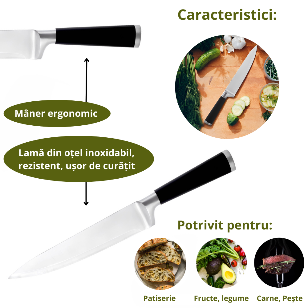 Cutit de bucatarie, 20 cm, lama din otel inoxidabil, 56±HRC, taiere precisa si rezistenta indelungata, maner antiderapant Soft-Touch - 2 | YEO