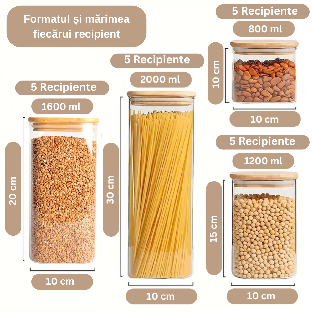 Set 20 Recipiente pătrate din sticlă borosilicată cu capac din bambus etanș Koken, pentru depozitarea alimentelor uscate și cerealelor, - 2 | YEO