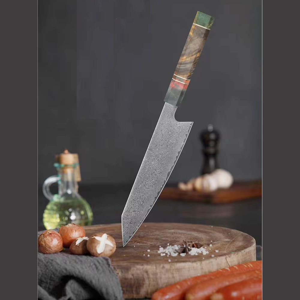 Koken Japanese Professional Knife, 67-Layer Damascus Steel, High Carbon, 20 cm High Quality Blade, Distinctive Handle and Perfect Edge for Professional Cooking, Green/Brown