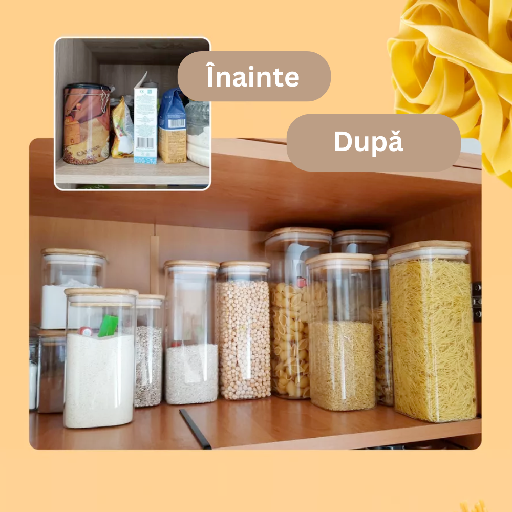 Set 14 Recipiente pătrate din sticlă borosilicată cu capac din bambus etanș Koken, pentru depozitarea alimentelor uscate și cerealelor - 5 | YEO