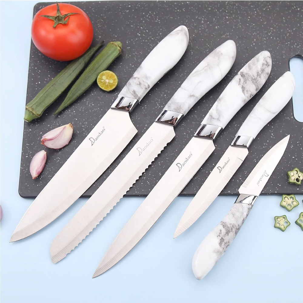 Koken Kitchen Knife Set, 6 Pieces Stainless Steel with Clear Acrylic Holder, Ultra-Sharp Knives with Marbled Design and Ergonomic Handles, White