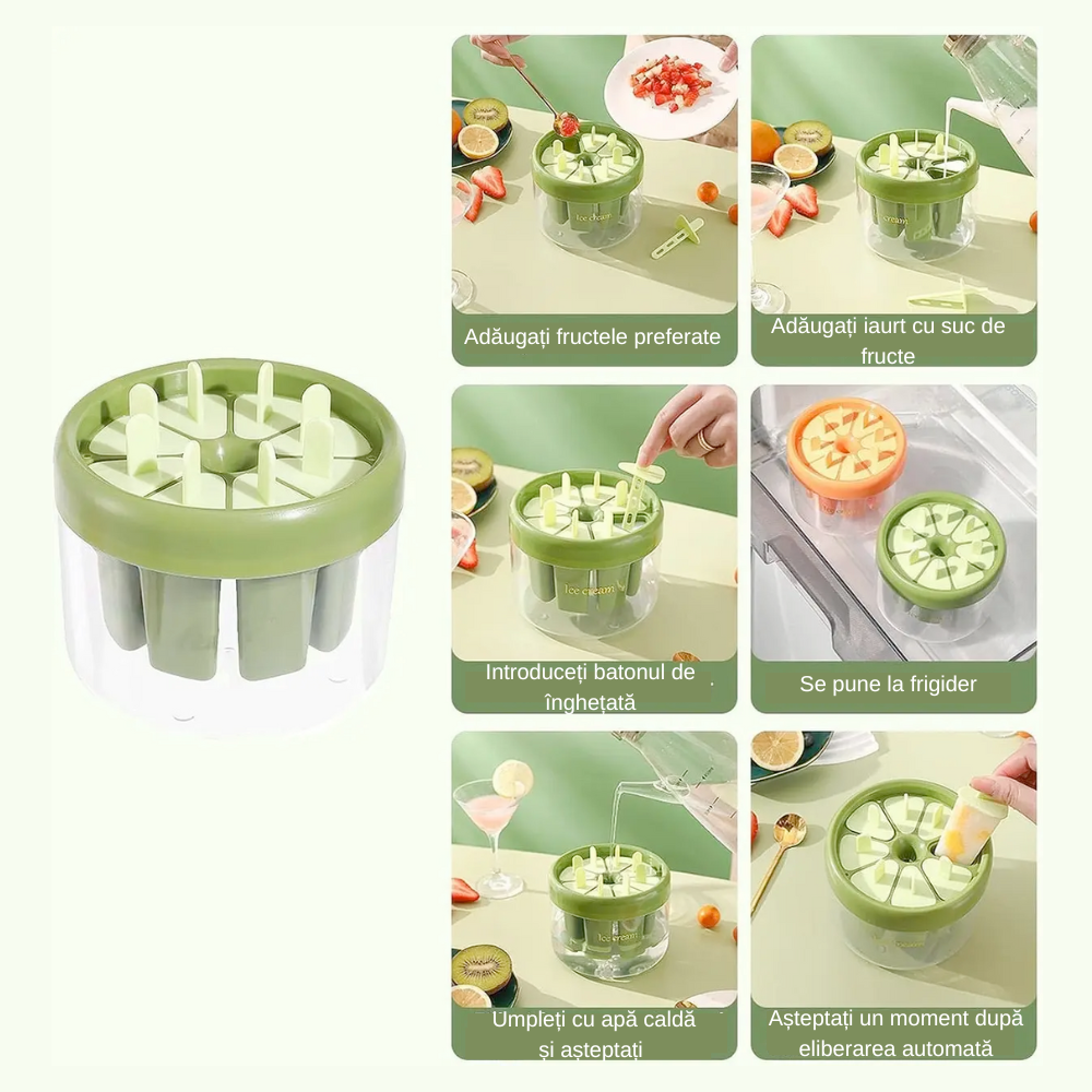 Koken Ice Cream Mold, 8-Compartment Mold Made of Ecological Plastic, Green, 11x13 cm