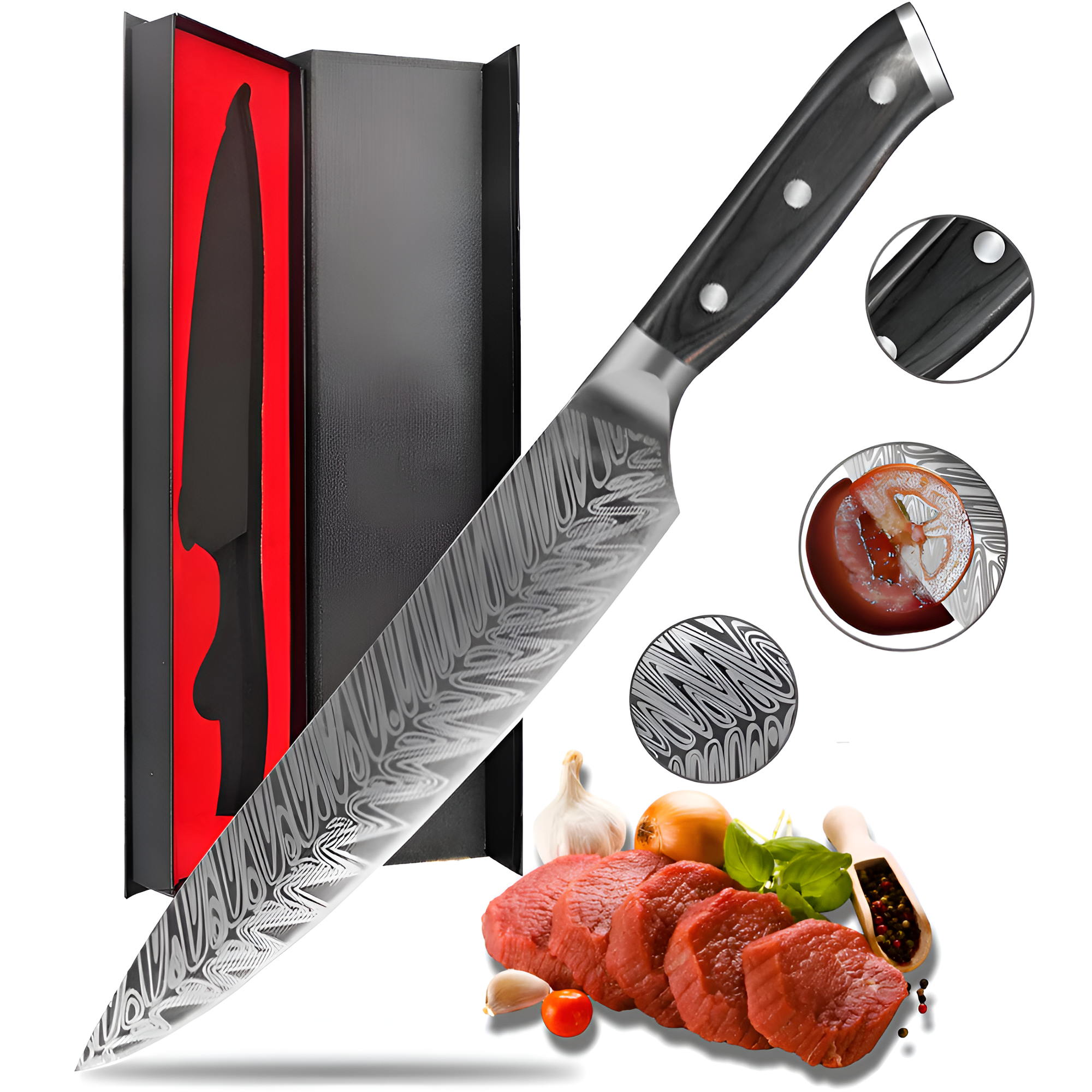 Cutit Profesional de bucatarie model Damasc, Koken, Lama de 21 cm din otel cu continut ridicat de carbon, 34.5 cm, Maner ergonomic din Lemn