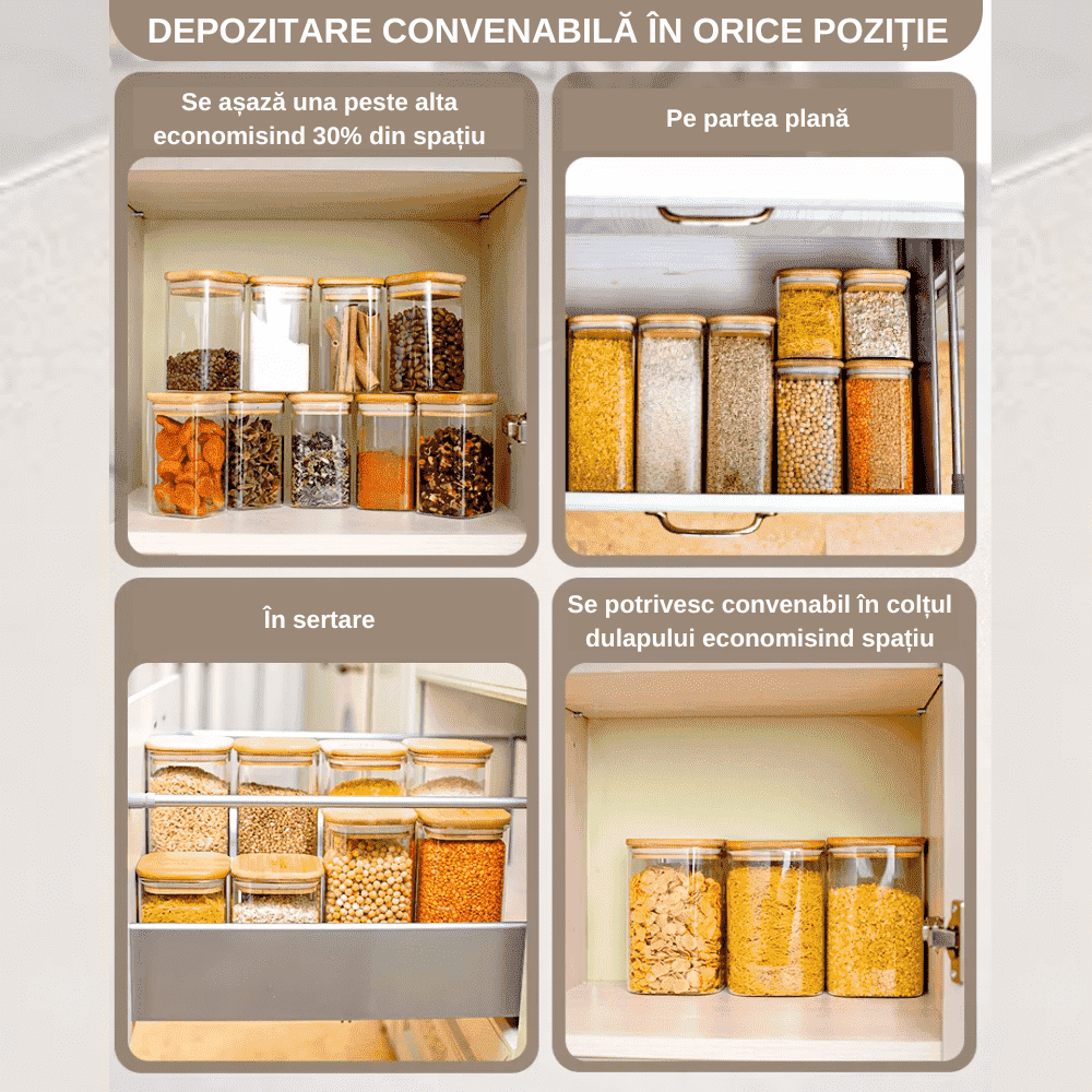 Recipient depozitare alimente, borcan de sticla cu capac etans de 0, 8L, Koken cutie depozitare alimentara, Forma Patrata, Sticla Borosilicata/Capac Bambus, Transparent + Autocolante si markere - 3 | YEO