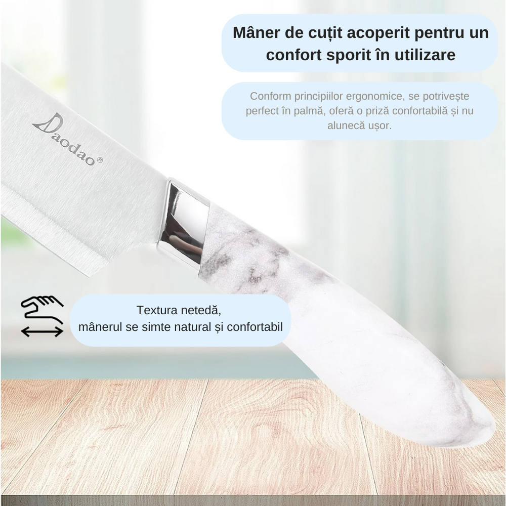 Set de Cuțite pentru Bucătărie Koken, 6 Piese din Oțel Inoxidabil cu Suport Acrilic Transparent, Cuțite Ultra-Ascuțite cu Design Marmorat și Mânere Ergonomice, Alb - 2 | YEO