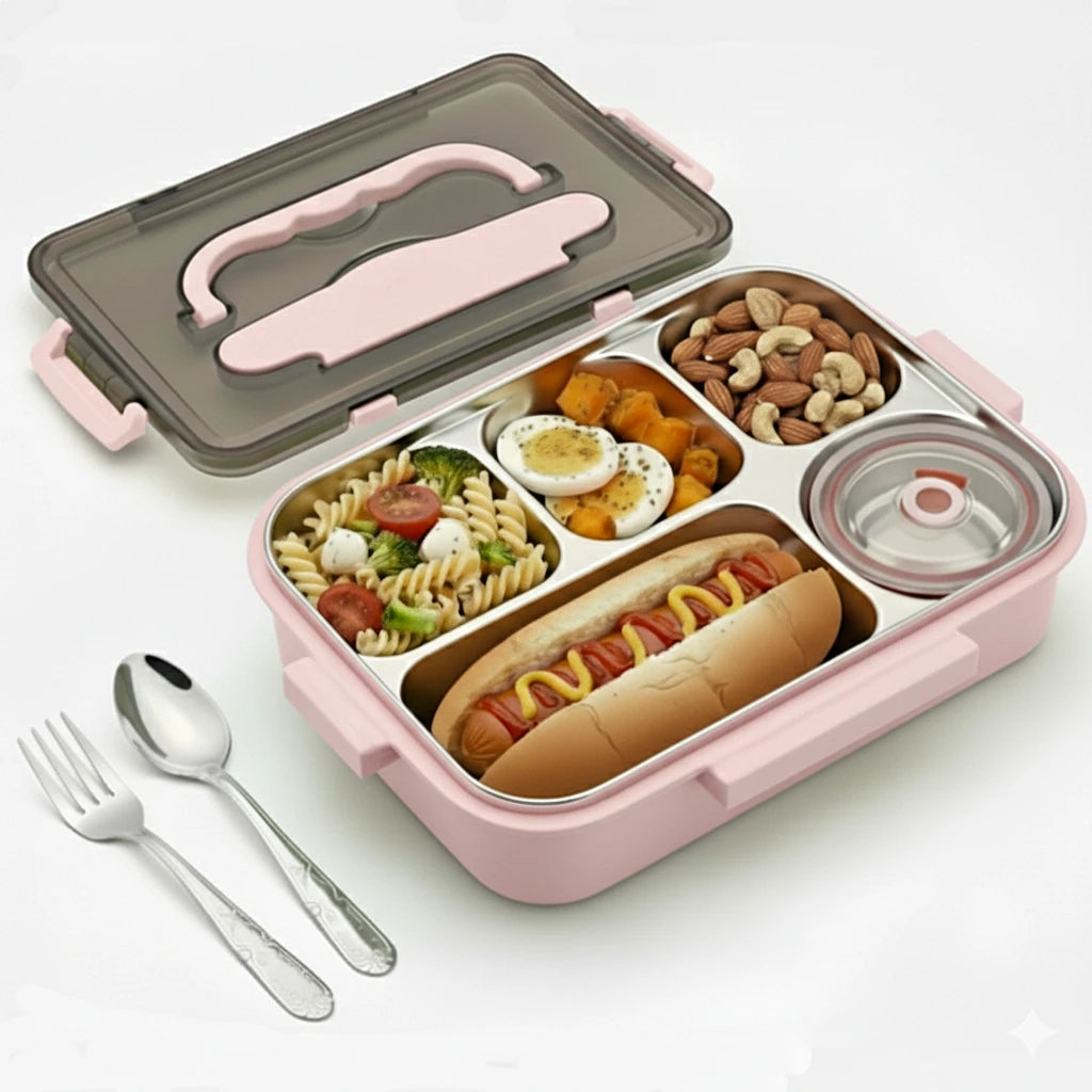 Caserola copii scoala cu 5 compartimente Koken, Cutie pentru pranz etansa, volum 1L, Lunchbox cu tacamuri, 25x30cm, Verde/Roz - 5 | YEO