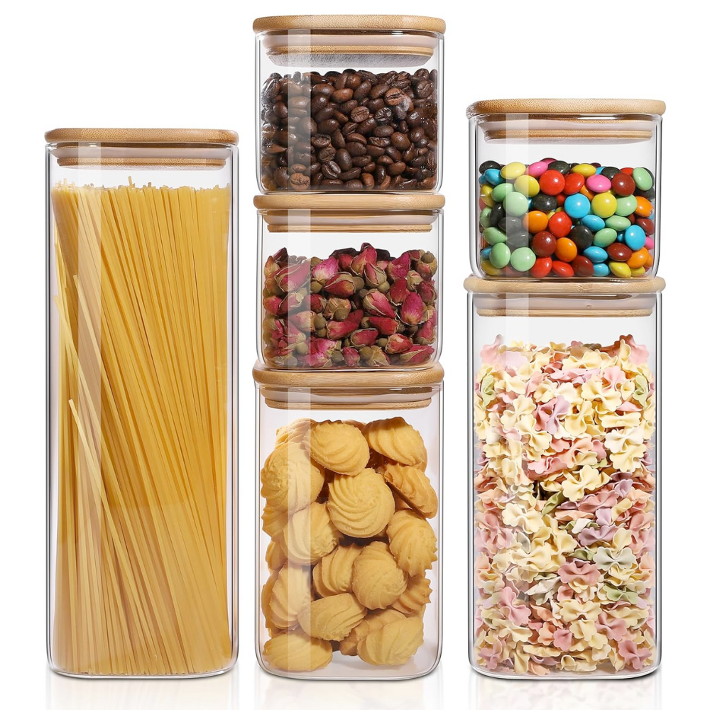 Set of 8/6/5 Square Borosilicate Glass Containers with Airtight Bamboo Lids Koken, for Dry Food and Grain Storage,