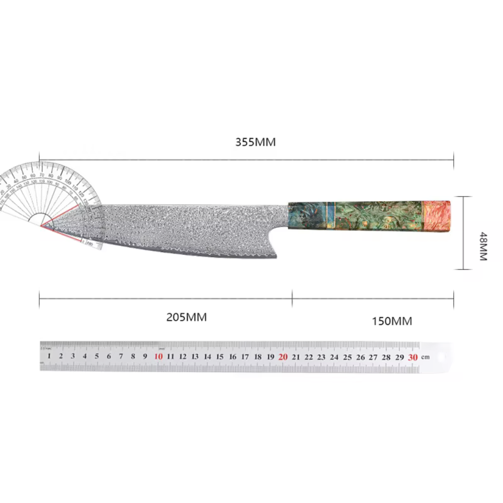 Cuțit Profesional Japonez Koken din oțel Damasc cu 67 Straturi, cu conținut ridicat de carbon, Lamǎ de Înaltă Calitate de 20 cm, cu Mâner Distinctiv și Tăiș Perfect pentru Gătit Profesional, Verde/Maro + Suport pentru Tocat Legume Cadou - 1 | YEO