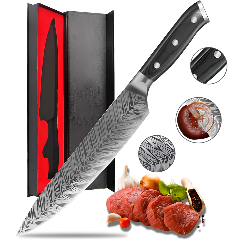 Cutit Profesional de bucatarie model Damasc, Koken, Lama de 21 cm din otel cu continut ridicat de carbon, 34.5 cm, Maner ergonomic din Lemn