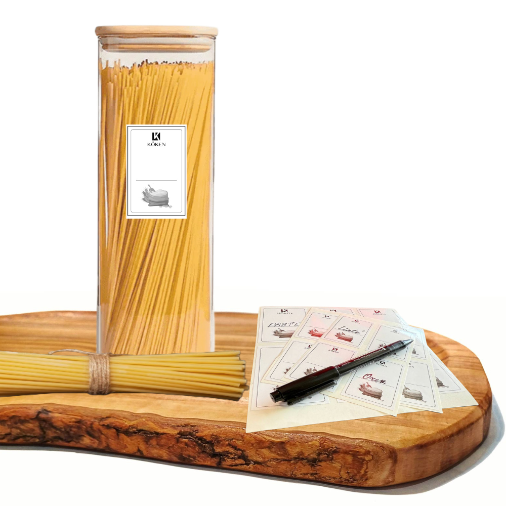 Recipient depozitare alimente, borcan de sticla cu capac etans de 2 L, Koken  cutie depozitare alimentara, Forma Patrata, Sticla Borosilicata/Capac Bambus, Transparent + Autocolante si markere
