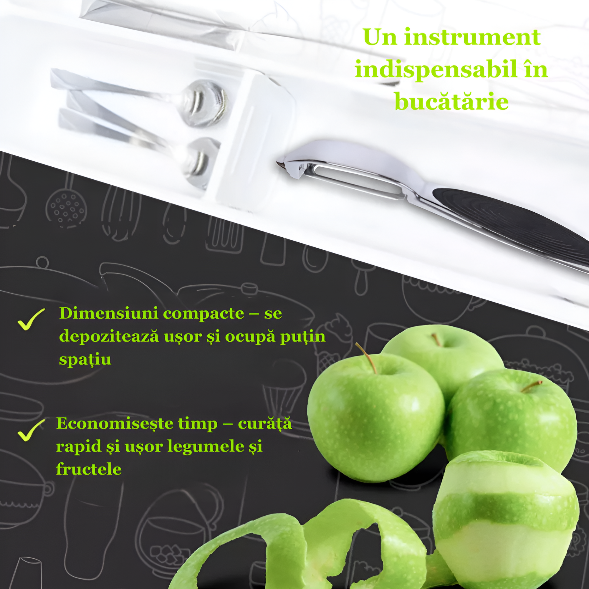 Dispozitiv pentru decojire legume si fructe Koken, Curatator cu aliaj de Zinc, Ustensila pentru decojit 2/1, varf ascutit, design ergonomic, anti-alunecare, multifunctional, 17 x 1,5 cm, Negru/Argintiu - 2 | YEO