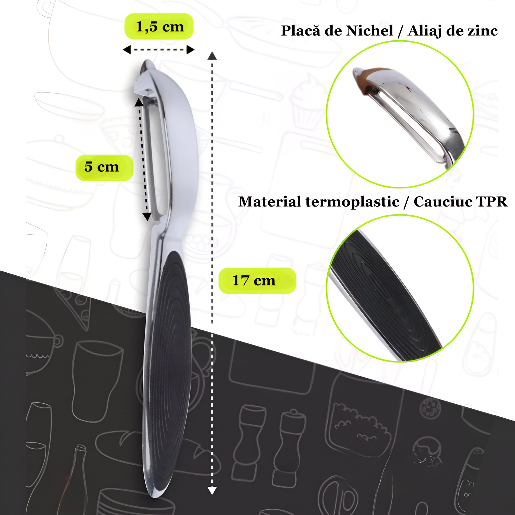 Dispozitiv pentru decojire legume si fructe Koken, Curatator cu aliaj de Zinc, Ustensila pentru decojit 2/1, varf ascutit, design ergonomic, anti-alunecare, multifunctional, 17 x 1,5 cm, Negru/Argintiu - 1 | YEO