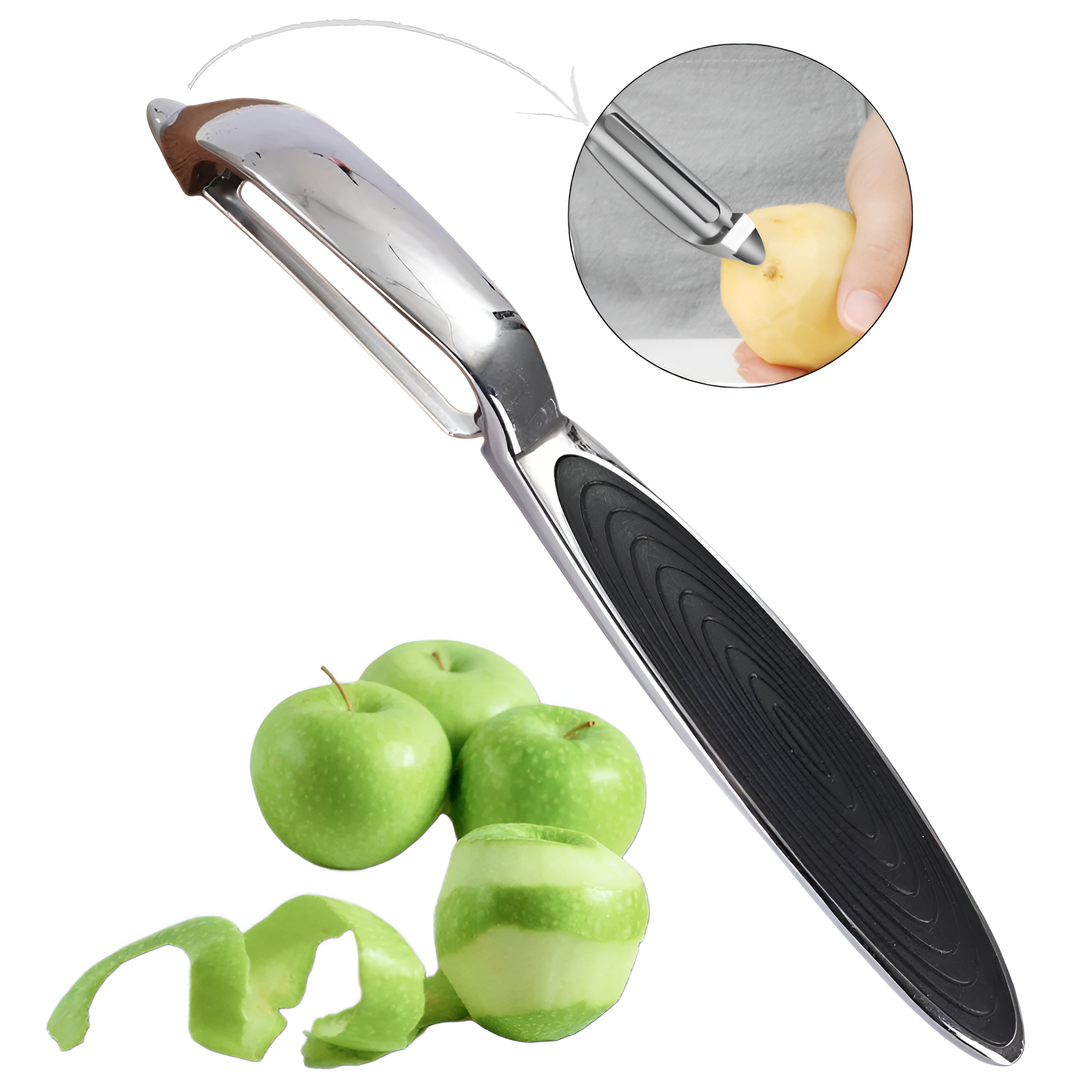 Dispozitiv pentru decojire legume si fructe Koken, Curatator cu aliaj de Zinc, Ustensila pentru decojit 2/1, varf ascutit, design ergonomic, anti-alunecare, multifunctional, 17 x 1,5 cm, Negru/Argintiu