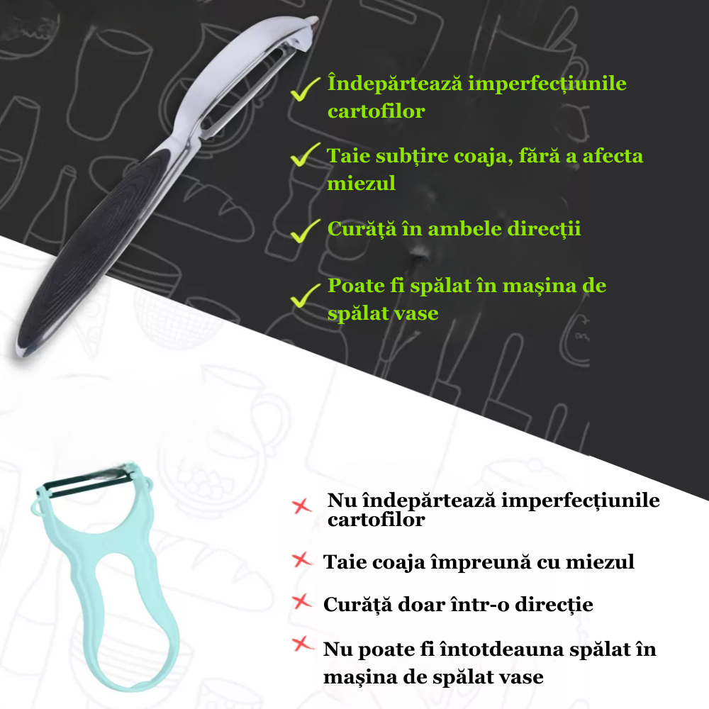 Dispozitiv pentru decojire legume si fructe Koken, Curatator cu aliaj de Zinc, Ustensila pentru decojit 2/1, varf ascutit, design ergonomic, anti-alunecare, multifunctional, 17 x 1,5 cm, Negru/Argintiu - 4 | YEO