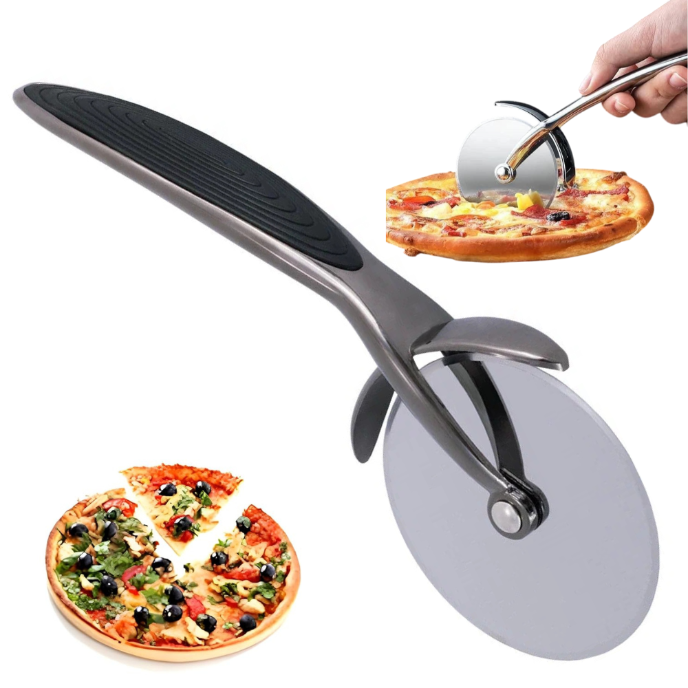 Cuțit pentru pizza 17,5 cm Koken, mâner ergonomic anti-alunecare, cutter pentru pizza/tartă cu crustă tare, tăiere precisă, zinc, diametru 6,8 cm, Negru