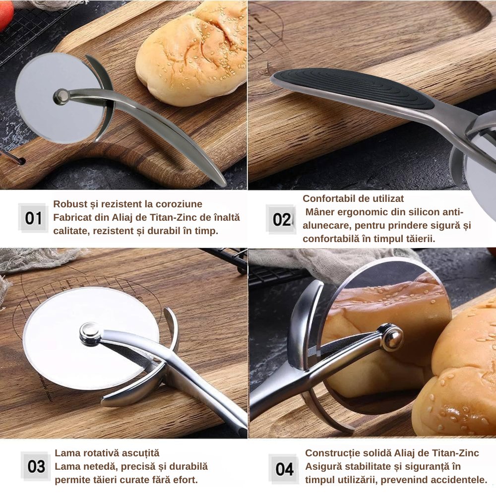 Cuțit pentru pizza 17,5 cm Koken, mâner ergonomic anti-alunecare, cutter pentru pizza/tartă cu crustă tare, tăiere precisă, zinc, diametru 6,8 cm, Negru - 1 | YEO
