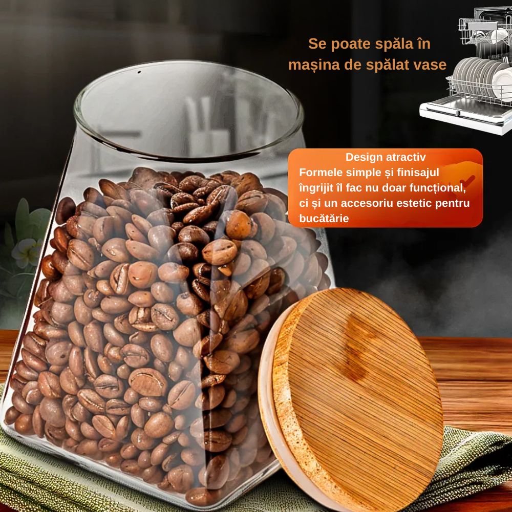 Creează-ți propriul Set de recipiente din sticlă Koken, Borcane cu capac din bambus ermetic, forma trapezoidală, transparente + stickere, marker, 350/600/900 ml - 3 | YEO