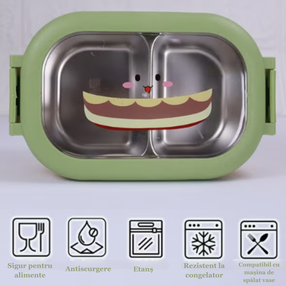 Cutie pentru pranz Koken, Lunch Inox, Caserola copii scoala cu 2 Compartimente, Lingura inclusa, Verde - 1 | YEO