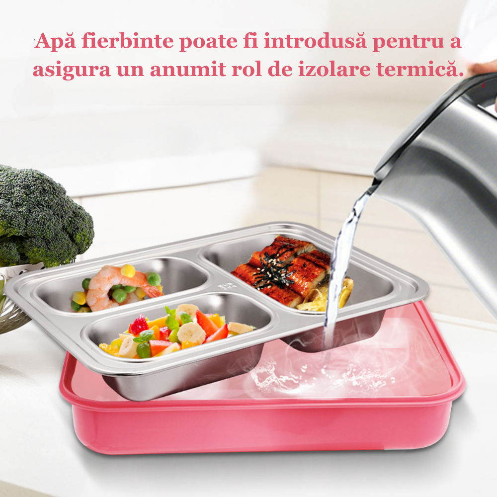 Cutie pentru pranz Koken, Lunch box Otel inoxidabil, Caserola copii scoala cu 3 Compartimente, 27,5 x 20,6 cm, Roz - 3 | YEO