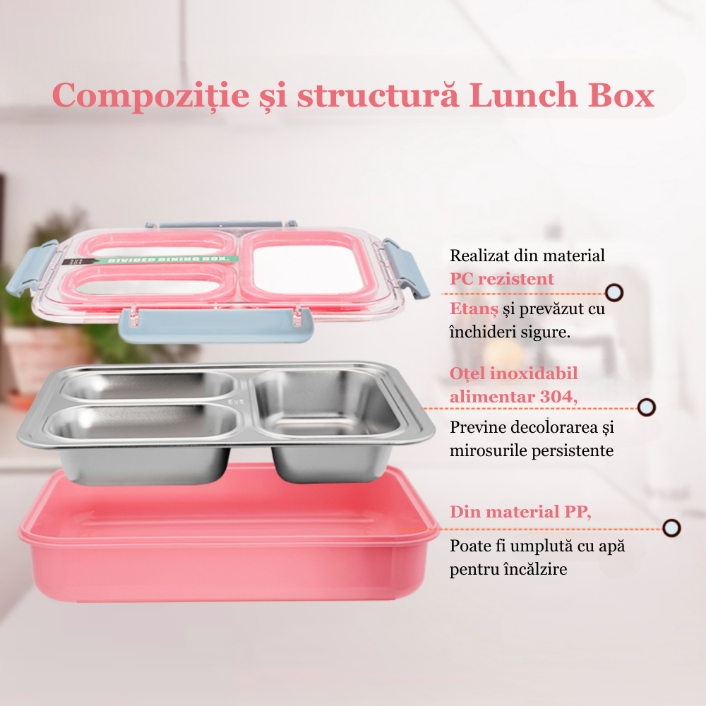 Cutie pentru pranz Koken, Lunch box Otel inoxidabil, Caserola copii scoala cu 3 Compartimente, 27,5 x 20,6 cm, Roz - 2 | YEO
