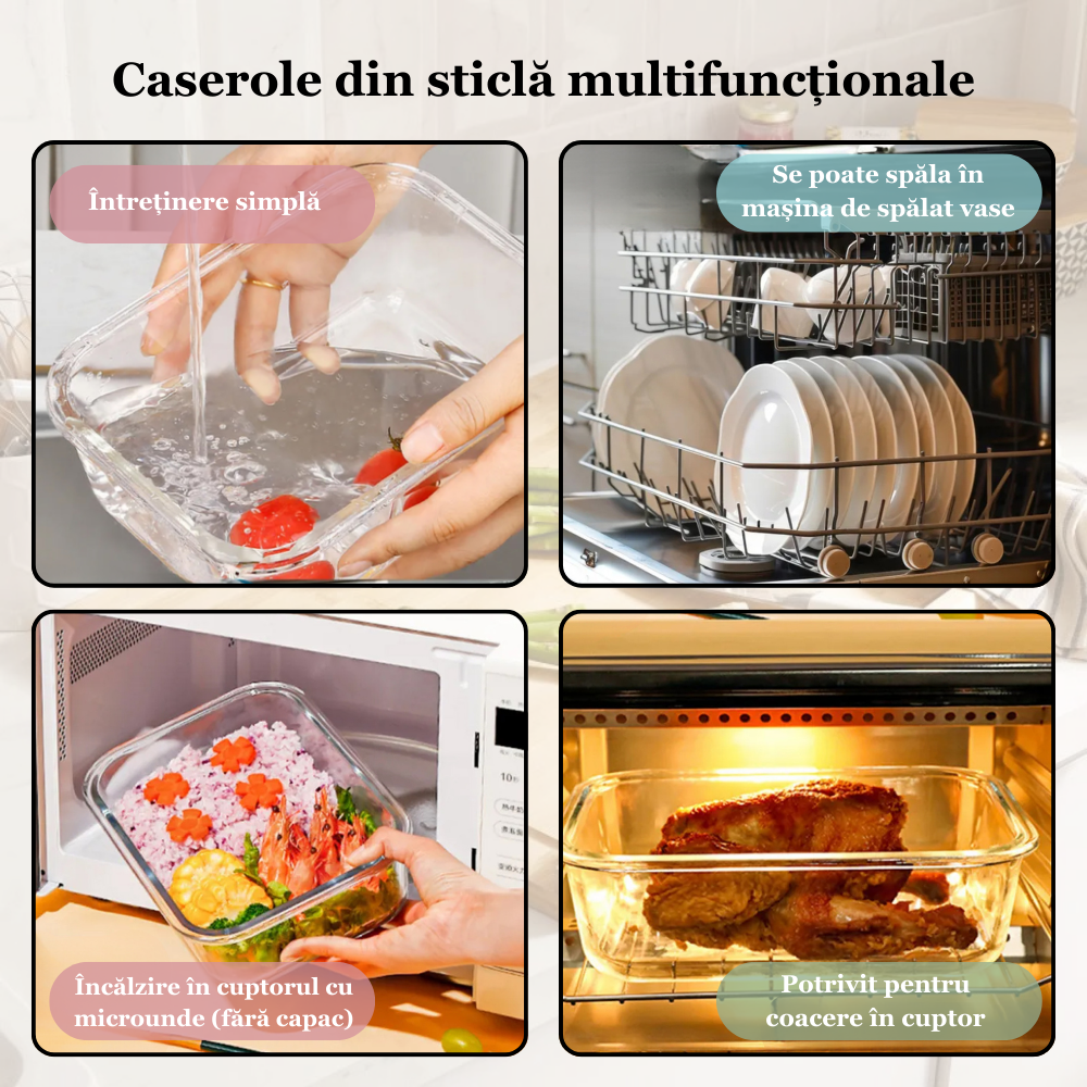 Set 3 caserole compartimentate din sticla Koken, 410ml/700ml/1040 ml, etanse, garnitura detasabila, inchidere ermetica, sticla dubla, fara BPA, casolete pentru mancare, Verde/Roz/Albastru - 1 | YEO
