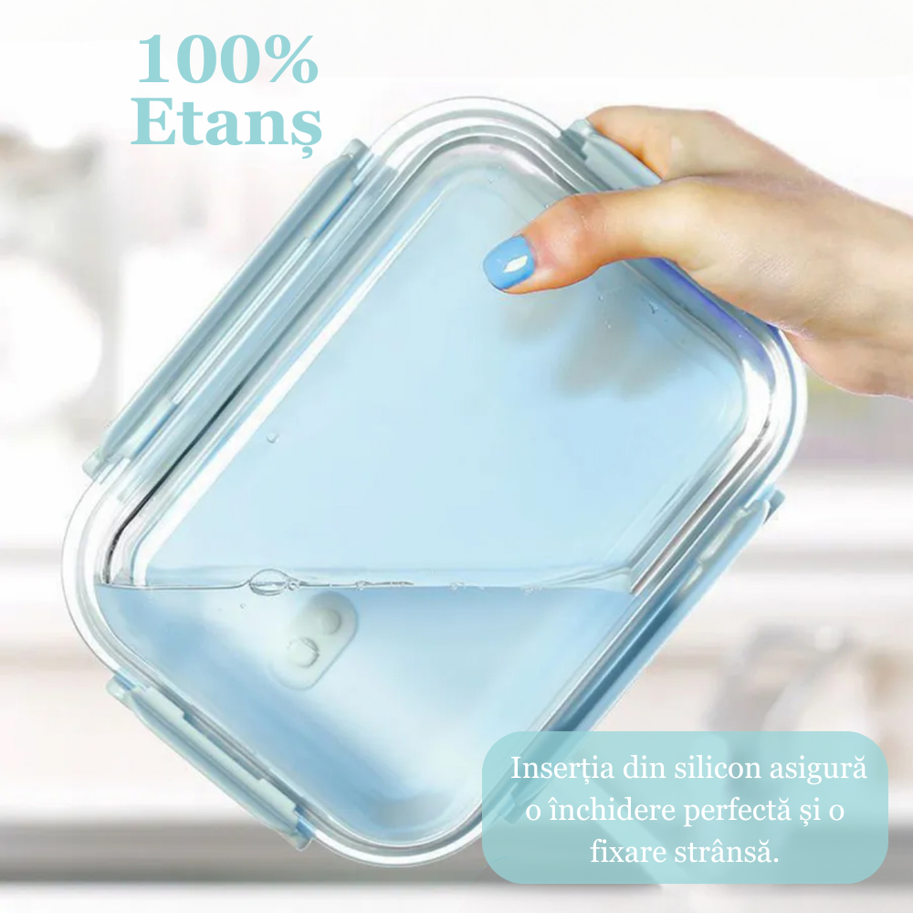 Set 3 caserole compartimentate din sticla Koken, 410ml/700ml/1040 ml, etanse, garnitura detasabila, inchidere ermetica, sticla dubla, fara BPA, casolete pentru mancare, Verde/Roz/Albastru - 3 | YEO
