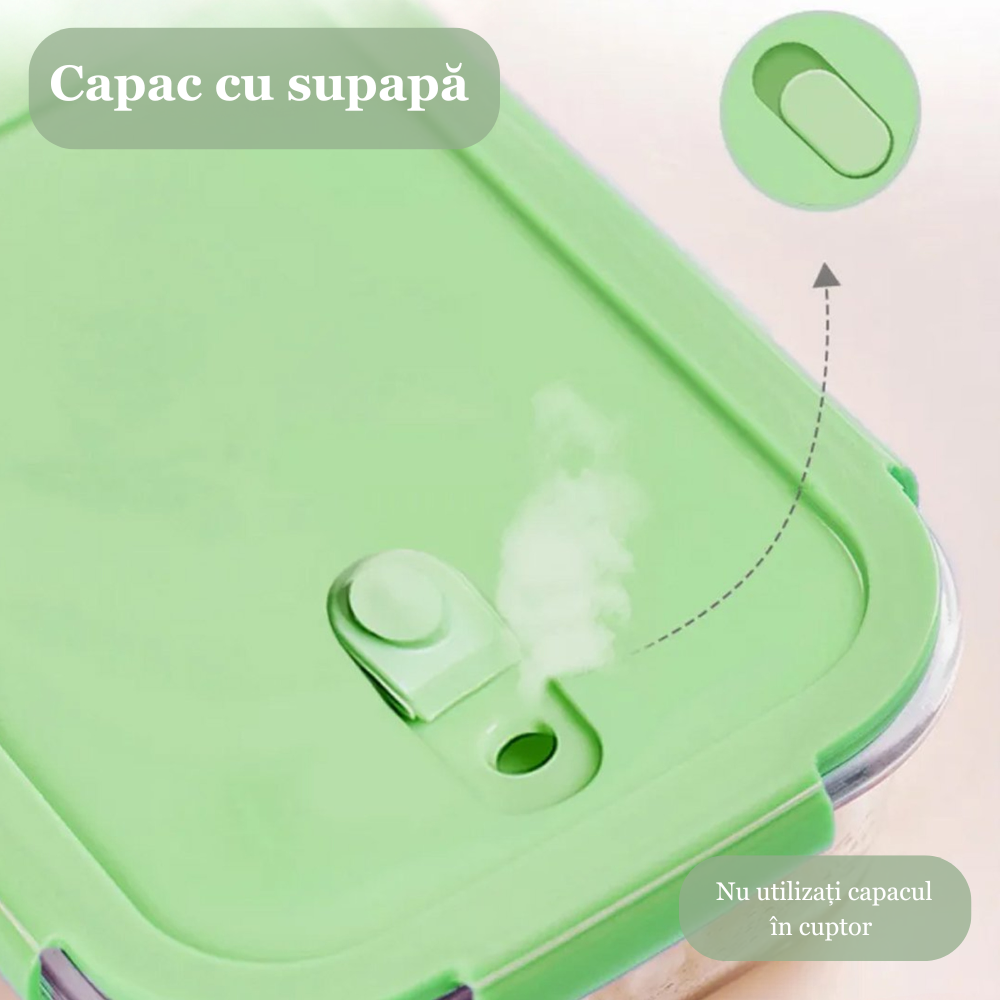 Set 3 caserole compartimentate din sticla Koken, 410ml/700ml/1040 ml, etanse, garnitura detasabila, inchidere ermetica, sticla dubla, fara BPA, casolete pentru mancare, Verde/Roz/Albastru - 4 | YEO