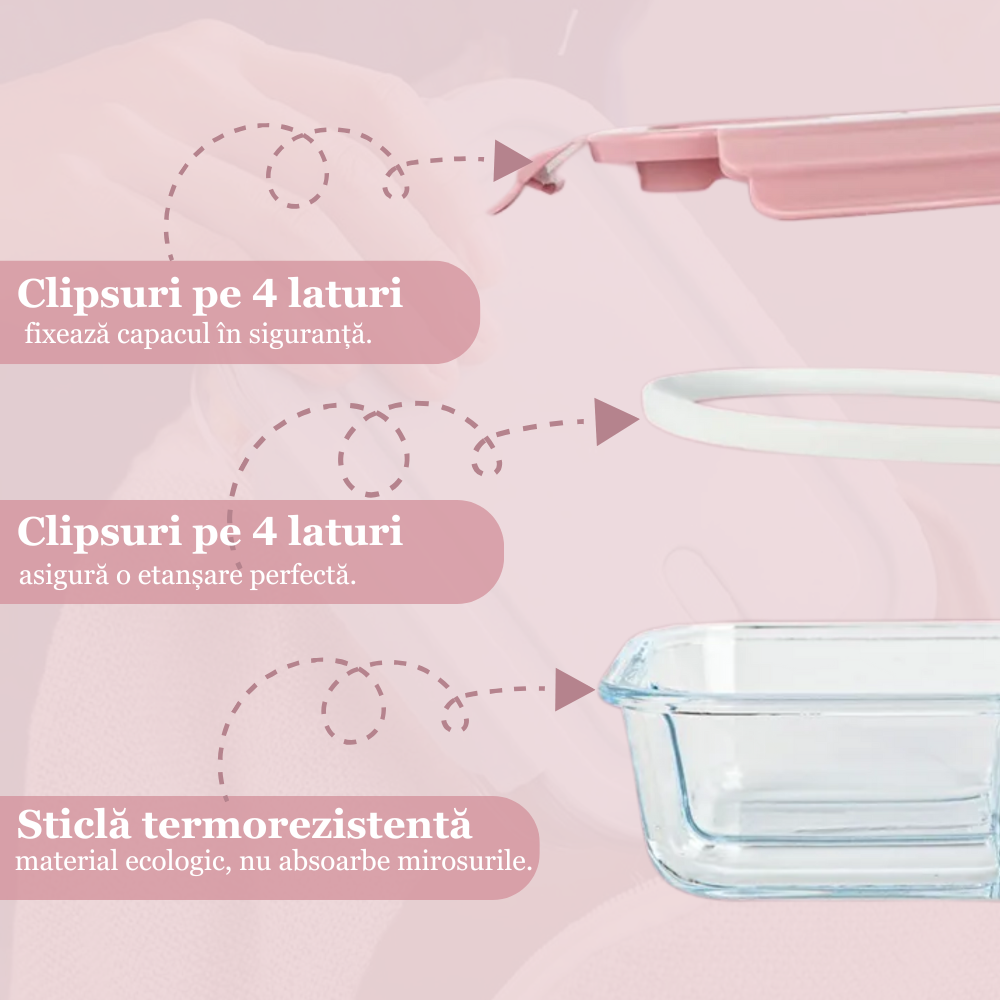Set 3 caserole compartimentate din sticla Koken, 410ml/700ml/1040 ml, etanse, garnitura detasabila, inchidere ermetica, sticla dubla, fara BPA, casolete pentru mancare, Verde/Roz/Albastru - 5 | YEO