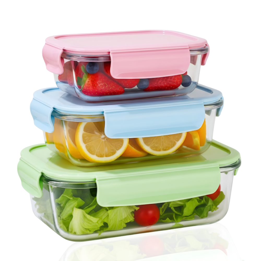 Set 3 caserole compartimentate din sticla Koken, 410ml/700ml/1040 ml, etanse, garnitura detasabila, inchidere ermetica, sticla dubla, fara BPA, casolete pentru mancare, Verde/Roz/Albastru