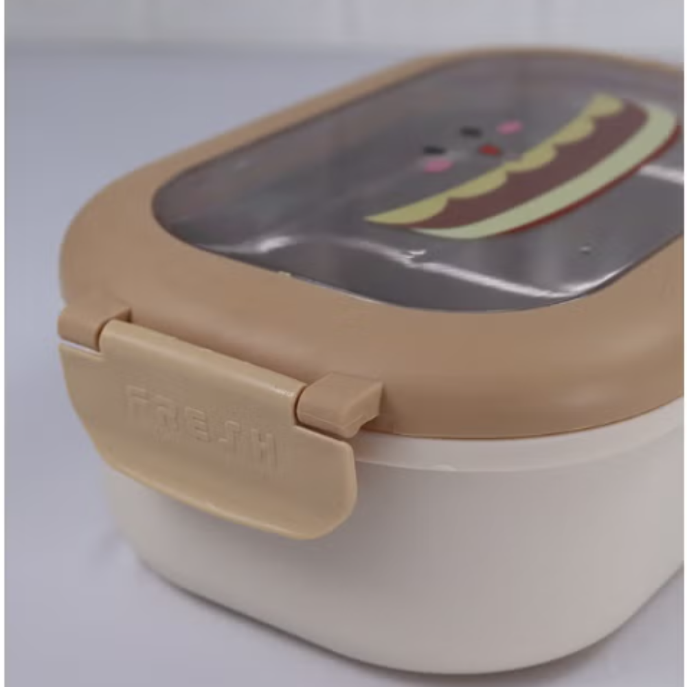 Cutie pentru pranz Koken, Lunch Inox, Caserola copii scoala cu 2 Compartimente, Lingura inclusa, Bej - 4 | YEO