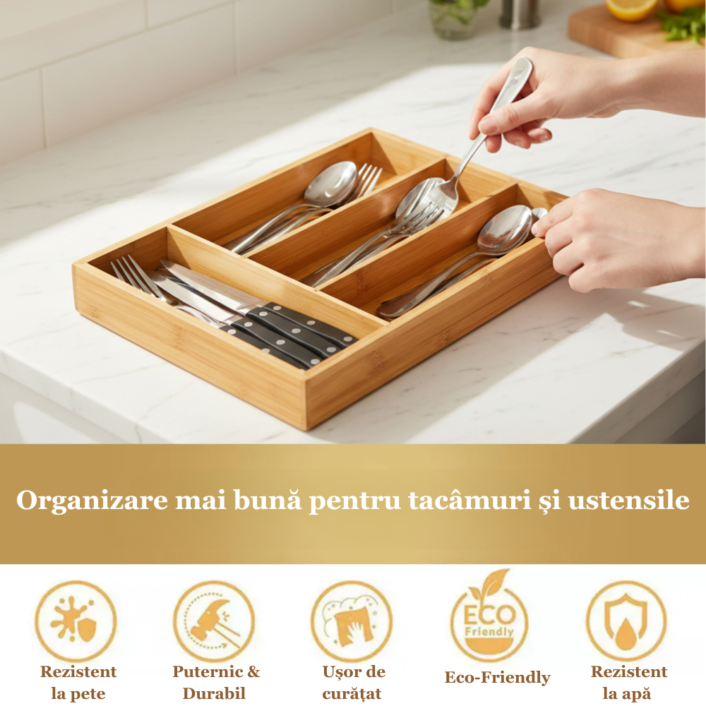Suport tacamuri, ustensile de Bucatarie Koken, 4 compartimente, organizator multifunctional pentru sertar, Spatios, material durabil, usor de curatat, compact,  design modern,  33x25x 4,3 cm, Lemn - 3 | YEO