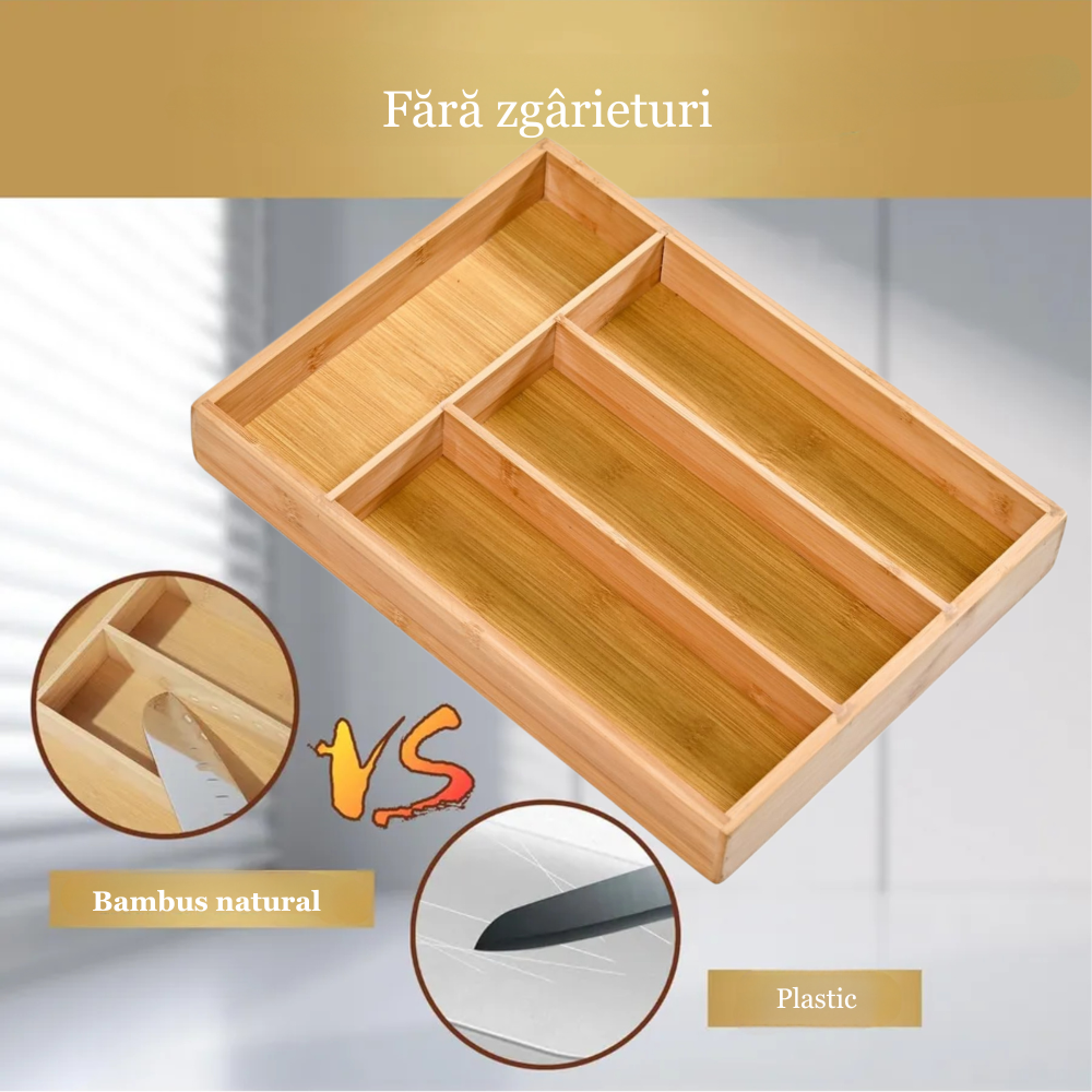 Suport tacamuri, ustensile de Bucatarie Koken, 4 compartimente, organizator multifunctional pentru sertar, Spatios, material durabil, usor de curatat, compact,  design modern,  33x25x 4,3 cm, Lemn - 4 | YEO