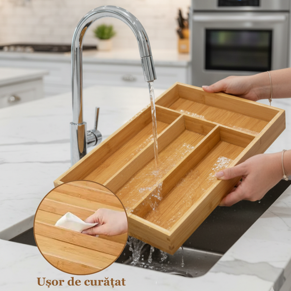 Suport tacamuri, ustensile de Bucatarie Koken, 4 compartimente, organizator multifunctional pentru sertar, Spatios, material durabil, usor de curatat, compact,  design modern,  33x25x 4,3 cm, Lemn - 6 | YEO
