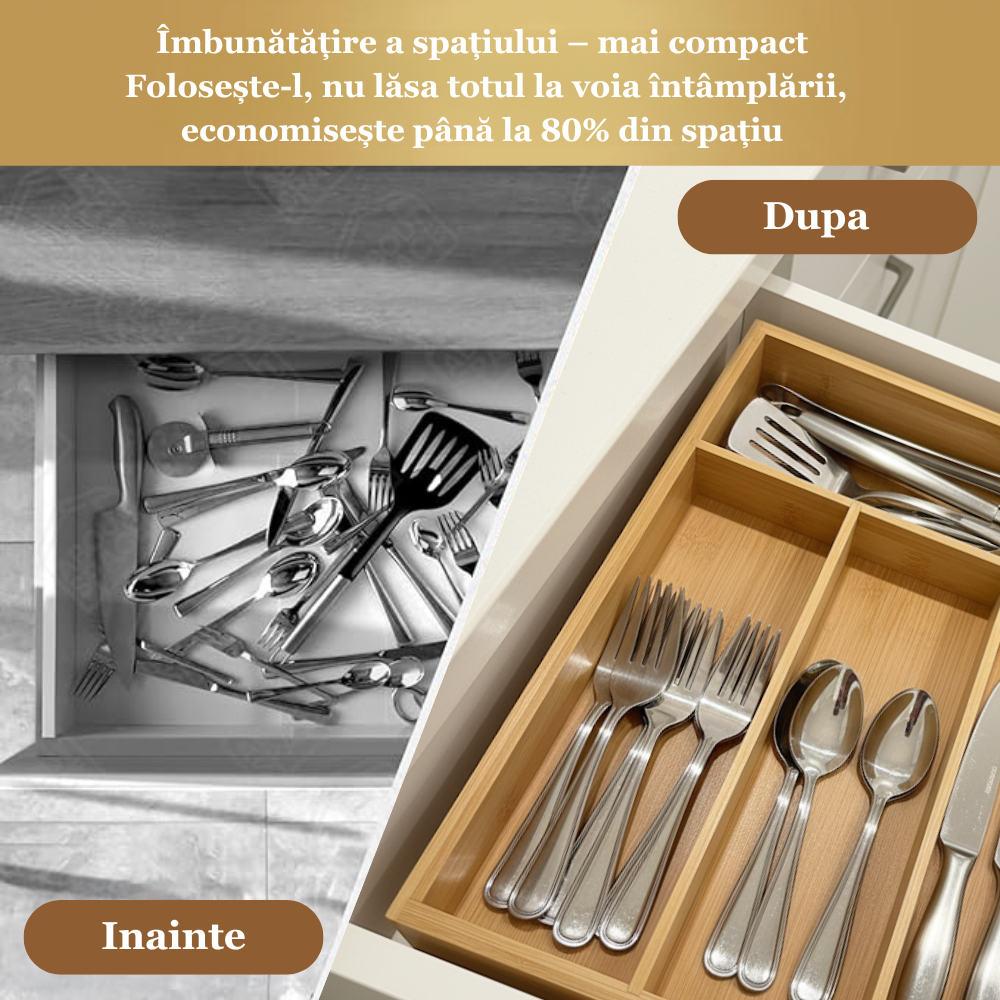 Suport tacamuri, ustensile de Bucatarie Koken, 4 compartimente, organizator multifunctional pentru sertar, Spatios, material durabil, usor de curatat, compact,  design modern,  33x25x 4,3 cm, Lemn - 5 | YEO