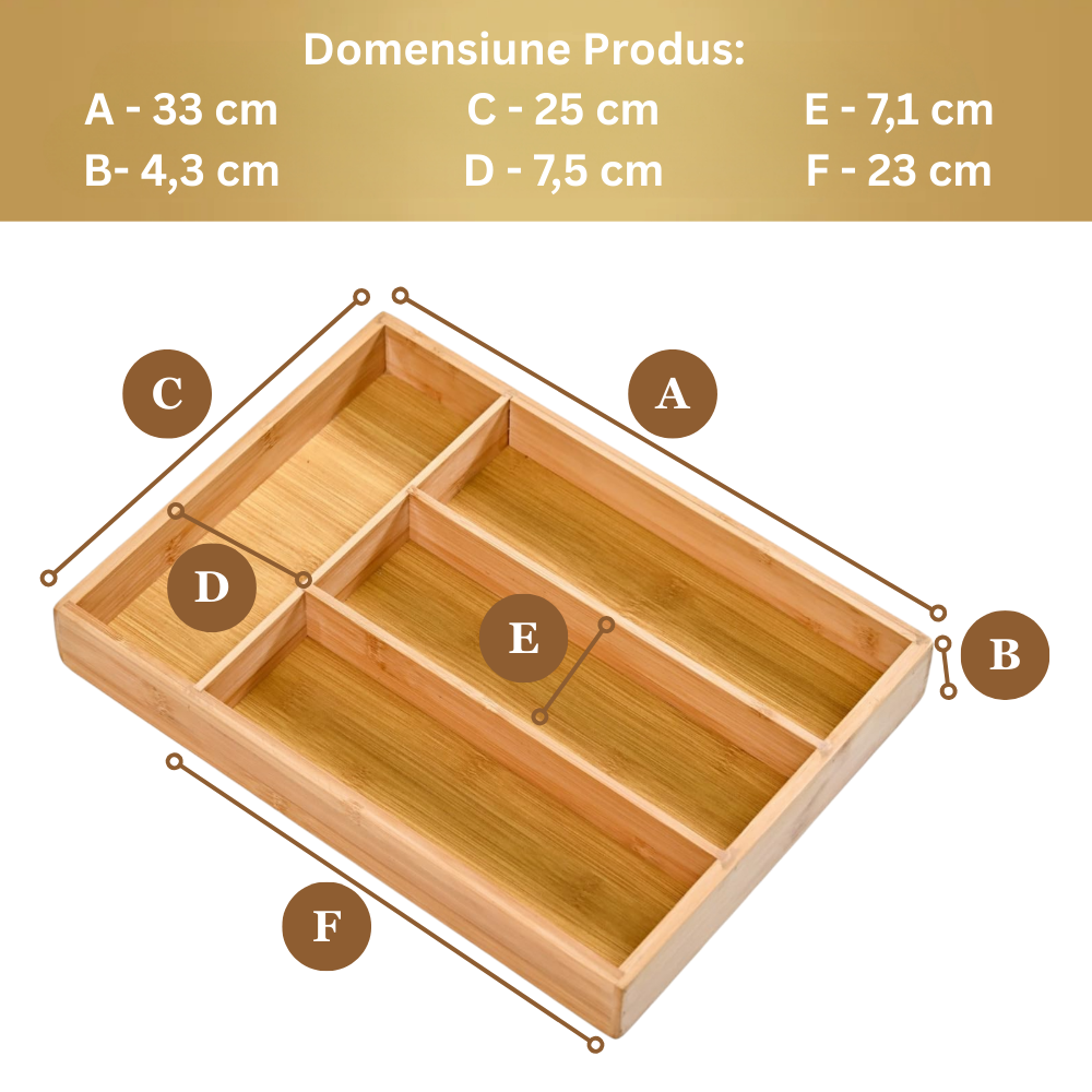 Suport tacamuri, ustensile de Bucatarie Koken, 4 compartimente, organizator multifunctional pentru sertar, Spatios, material durabil, usor de curatat, compact,  design modern,  33x25x 4,3 cm, Lemn - 1 | YEO