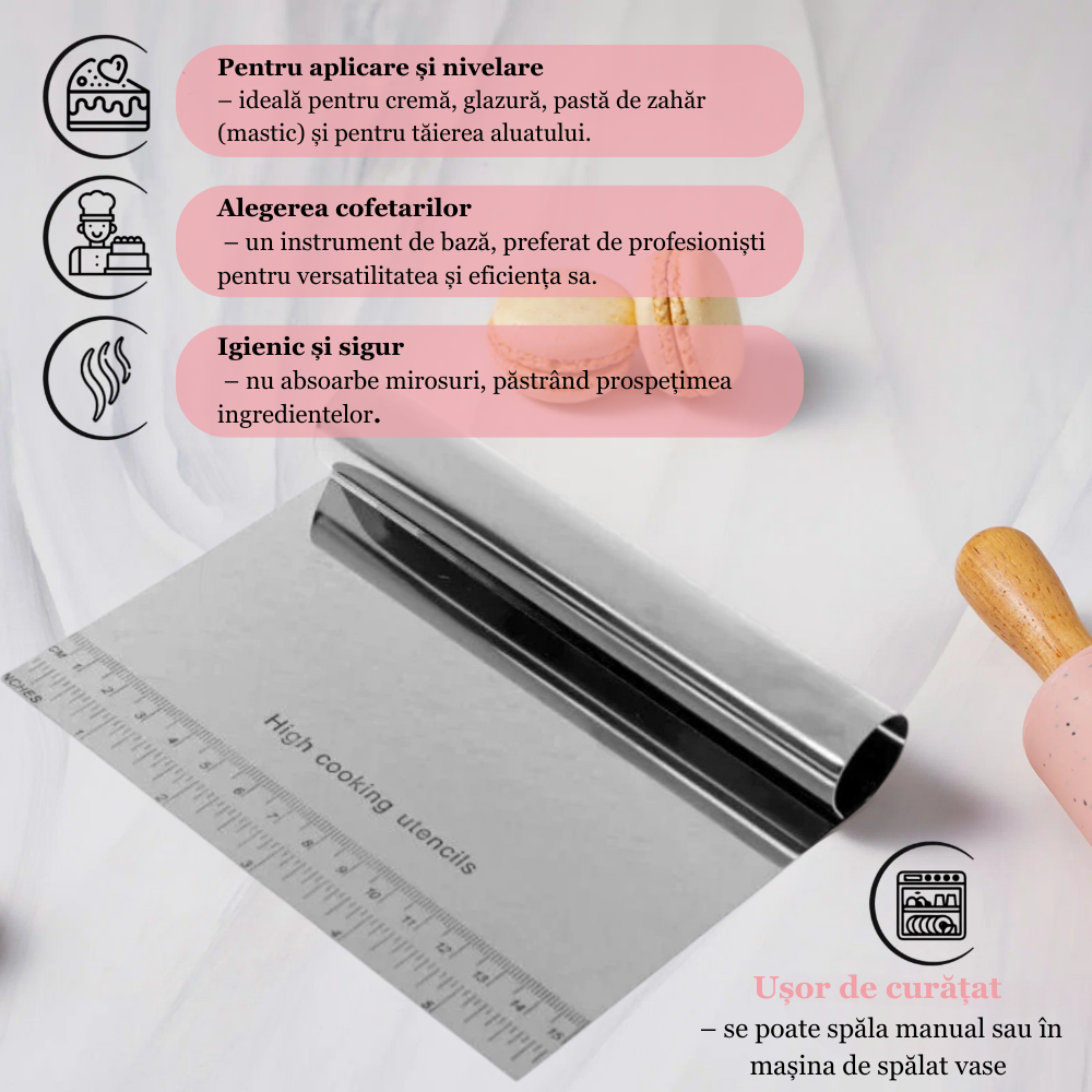 Spatula pentru taiat aluat Koken, Inox, Gadget de bucatarie multifunctional, Taietor Aluat, Usor de curatat, Confortabil antiderapant, 15x12 cm, Argintiu - 1 | YEO