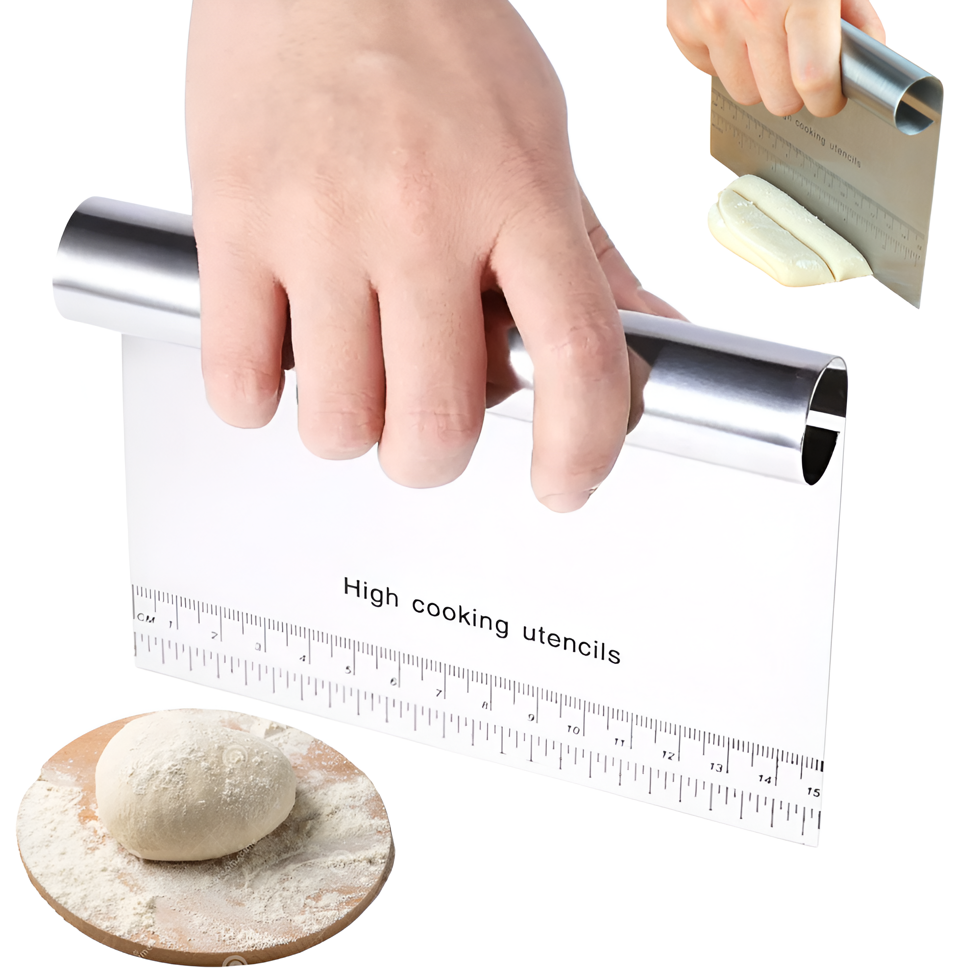 Spatula pentru taiat aluat Koken, Inox, Gadget de bucatarie multifunctional, Taietor Aluat, Usor de curatat, Confortabil antiderapant, 15x12 cm, Argintiu