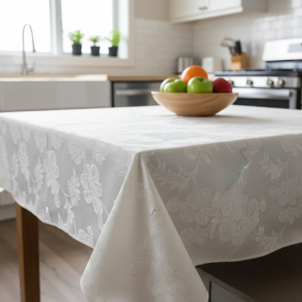 Față de masă 180x140cm dreptunghiulară impermeabilă cu 6 șervetele 40x40cm Koken, 100% Bumbac, Reutilizabila, Fara decolorare, Usor de curatat, Potrivit pentru bucatarie, sufragerie, Alb - 4 | YEO