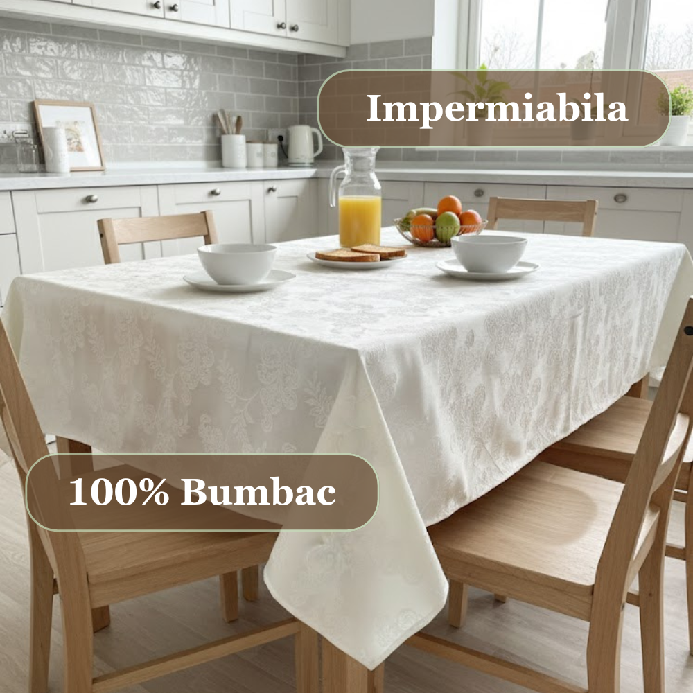 Față de masă 180x140cm dreptunghiulară impermeabilă cu 6 șervetele 40x40cm Koken, 100% Bumbac, Reutilizabila, Fara decolorare, Usor de curatat, Potrivit pentru bucatarie, sufragerie, Alb - 2 | YEO