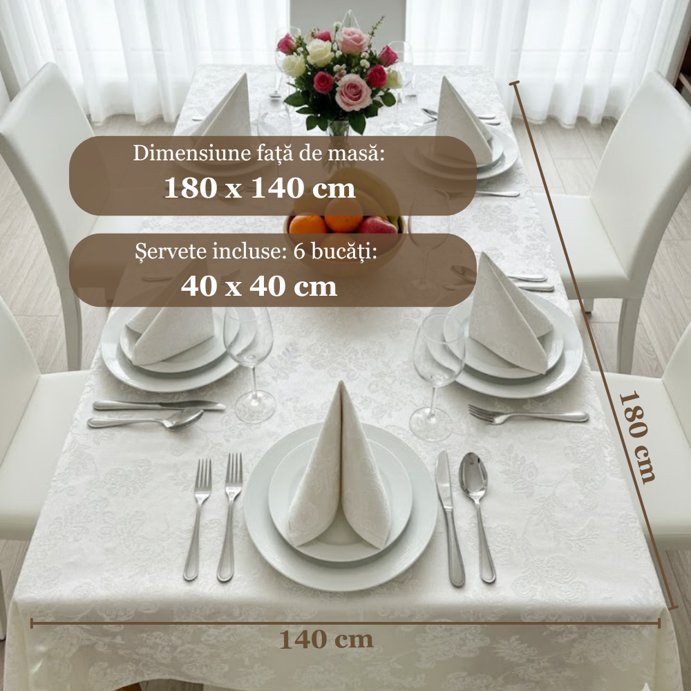 Față de masă 180x140cm dreptunghiulară impermeabilă cu 6 șervetele 40x40cm Koken, 100% Bumbac, Reutilizabila, Fara decolorare, Usor de curatat, Potrivit pentru bucatarie, sufragerie, Alb - 1 | YEO