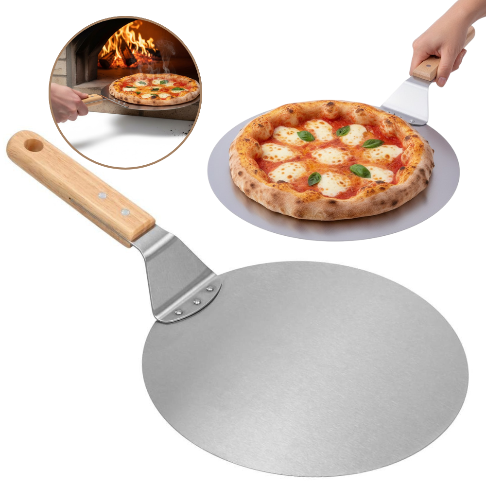 Lopata pizza Koken, tava rotundă 30,5 cm din oțel inoxidabil, Maner Lemn, Spatula 49 cm