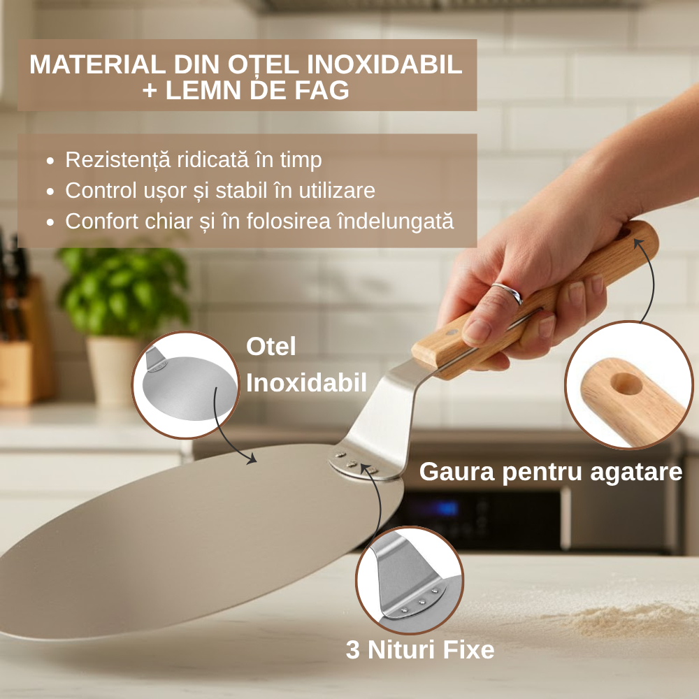 Lopata pizza Koken, tava rotundă 30,5 cm din oțel inoxidabil, Maner Lemn, Spatula 49 cm - 1 | YEO