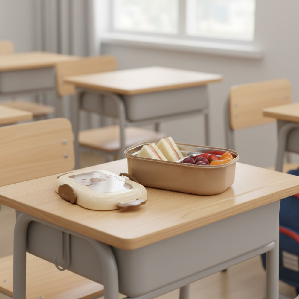 Cutie pentru pranz Koken, Lunch Inox, Caserola copii scoala cu 2 Compartimente, 22 x 15,5 x 7,5 cm, Lingura inclusa, Caserola pentru mancare, Roz/Bej - 2 | YEO