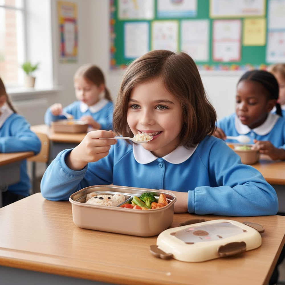 Cutie pentru pranz Koken, Lunch Inox, Caserola copii scoala cu 2 Compartimente, 22 x 15,5 x 7,5 cm, Lingura inclusa, Caserola pentru mancare, Roz/Bej - 6 | YEO