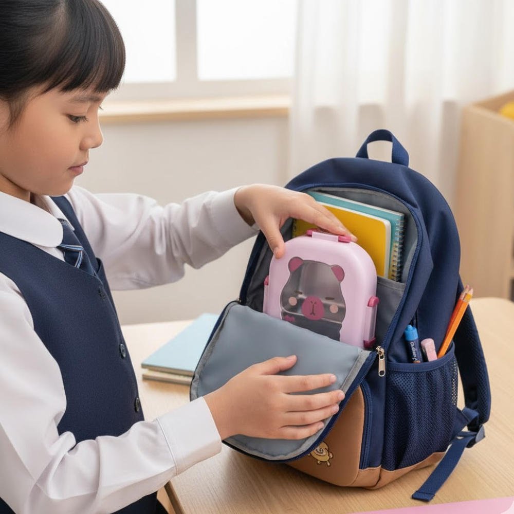 Cutie pentru pranz Koken, Lunch Inox, Caserola copii scoala cu 2 Compartimente, 22 x 15,5 x 7,5 cm, Lingura inclusa, Caserola pentru mancare, Roz/Bej - 7 | YEO