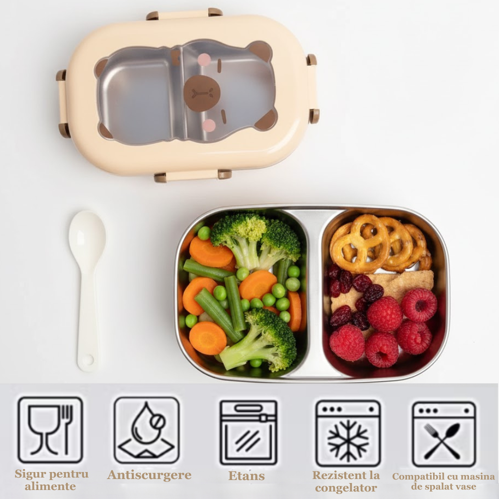 Cutie pentru pranz Koken, Lunch Inox, Caserola copii scoala cu 2 Compartimente, 22 x 15,5 x 7,5 cm, Lingura inclusa, Caserola pentru mancare, Roz/Bej - 1 | YEO