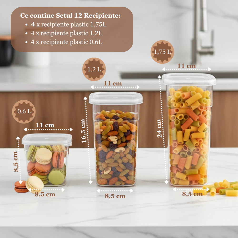Set 12/18 Recipiente de depozitare alimente, etanșe, Koken cutie depozitare cu capac, plastic fără BPA, organizator alimente, rezistent rece/fierbinte, 0.6L, 1.2L, 1.75L, Transparent - 2 | YEO