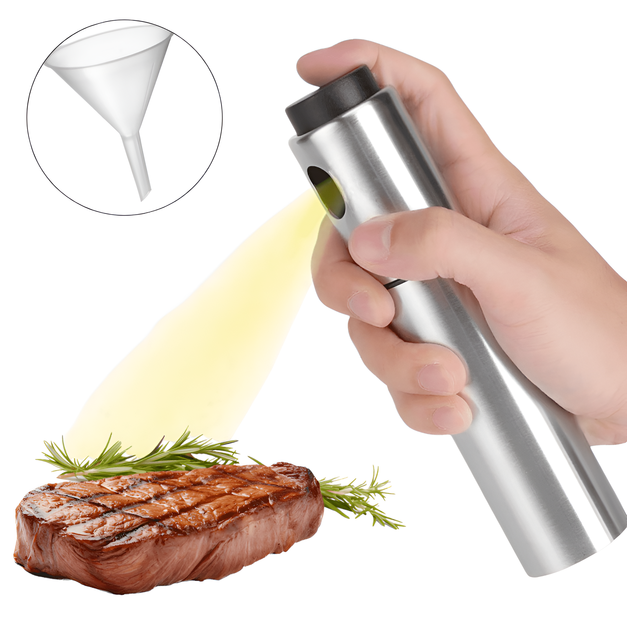 Olivieră Pulverizator Koken – Spray pentru ulei, oțet și alte lichide, Flacon Pulverizator Reîncărcabil, 100 ml, Plastic, 17,8 x 4 cm, Argintiu/Negru + Palnie