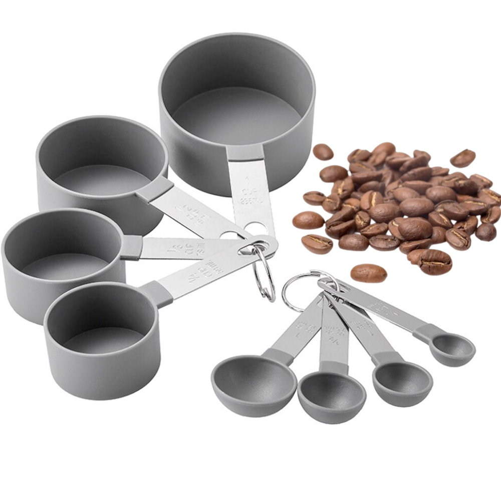 Set of 8 Koken Measuring Cups, Stainless Steel/Plastic Measuring Utensils, Different Sizes, Graduated Spoons 