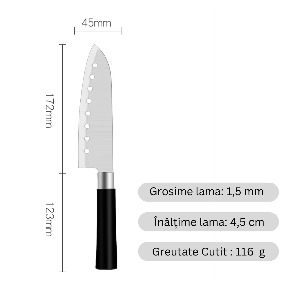 Cutit japonez Santoku Koken versatil in utilizare, lama din otel inoxidabil 17.2 cm, maner din PP, Profesional + Suport pentru Tocat Legume Cadou - 1 | YEO